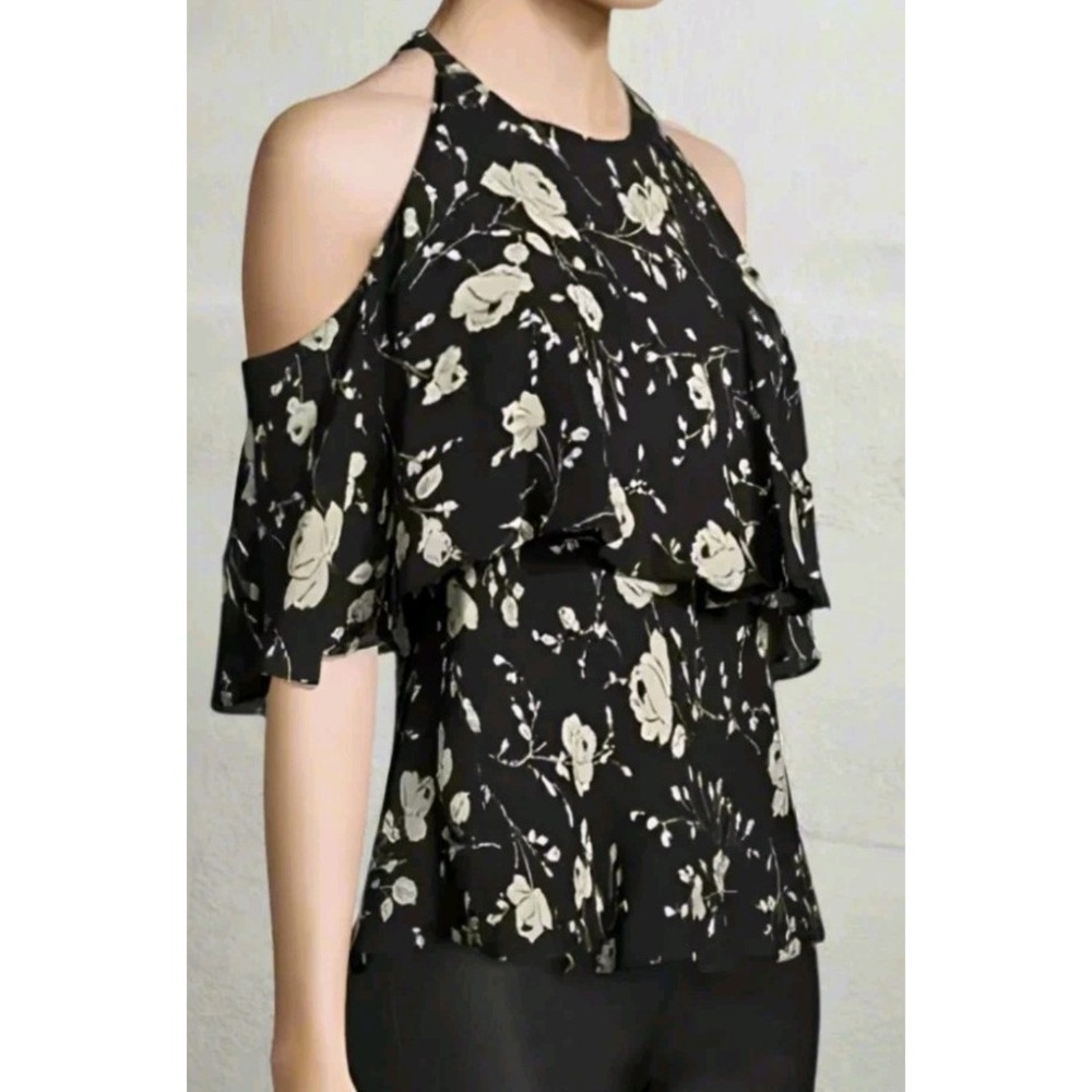Polo Ralph Lauren Womens Sz 8 Silk Open Shoulder Floral Black Blouse Ruffle EUC
